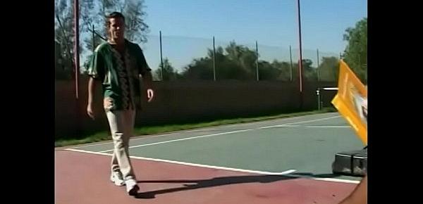  Randy cock sucking babe Rebecca Bardoux is creamed and takes a dick in the cunt on tennis court